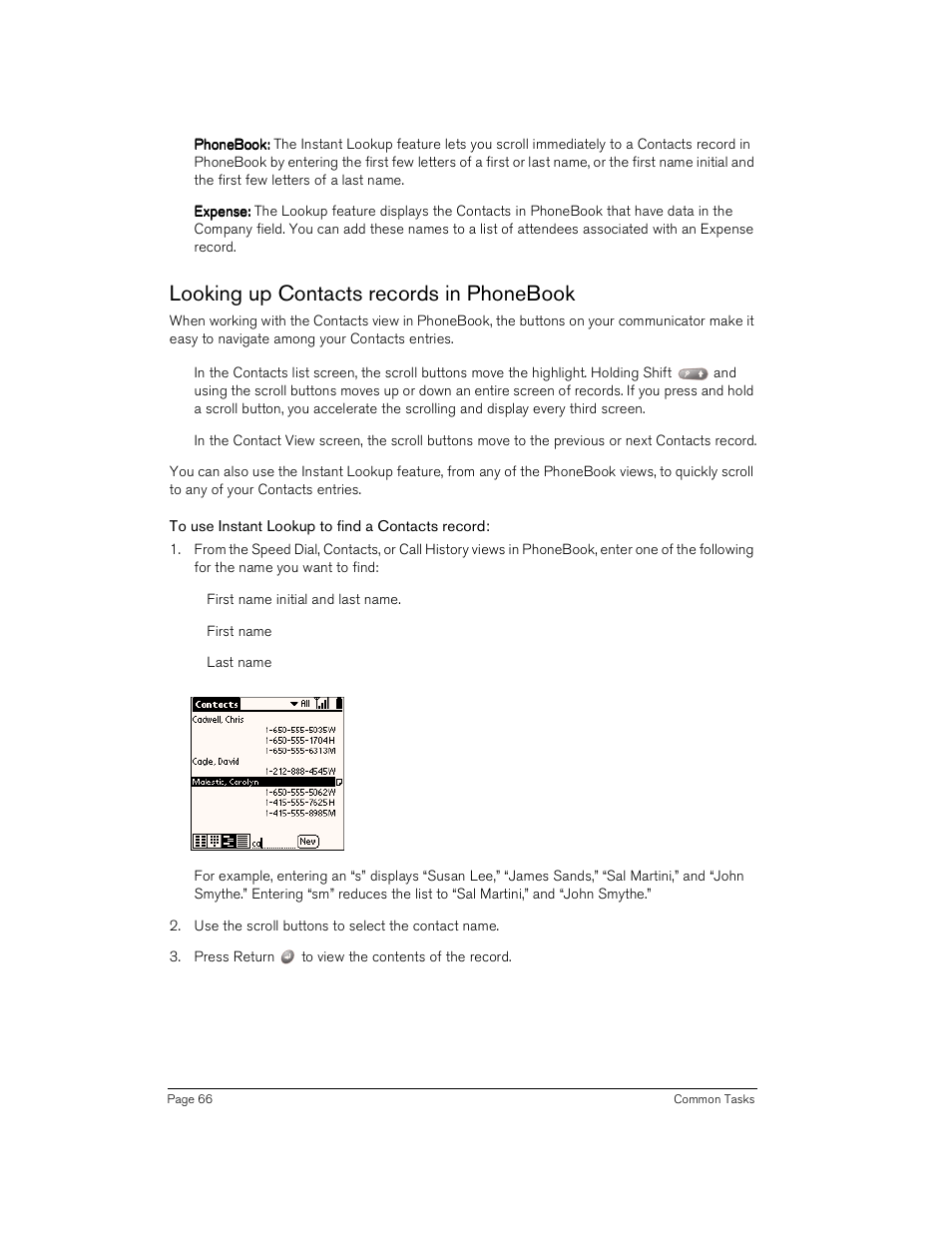 Looking up contacts records in phonebook, To use instant lookup to find a contacts record | Handspring Treo 180 User Manual | Page 66 / 235