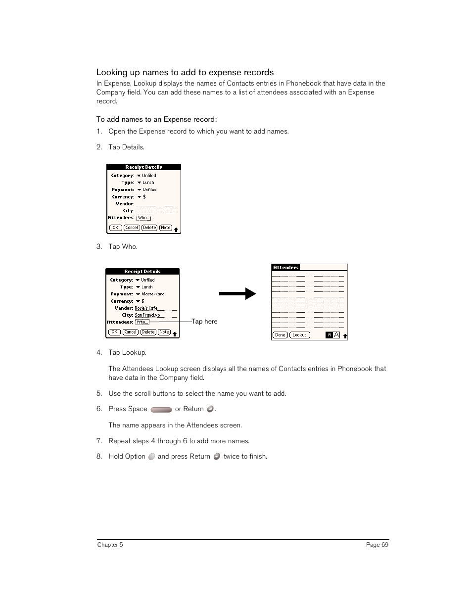 Looking up names to add to expense records, To add names to an expense record | Handspring Treo 180 User Manual | Page 69 / 235