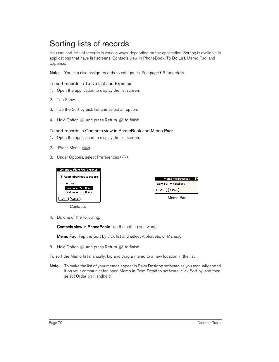 Sorting lists of records, To sort records in to do list and expense | Handspring Treo 180 User Manual | Page 70 / 235