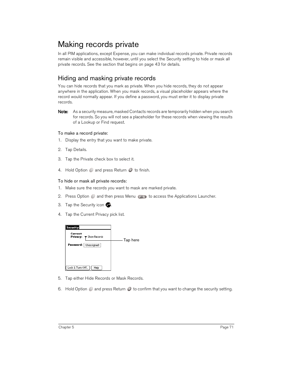 Making records private, Hiding and masking private records, To make a record private | To hide or mask all private records | Handspring Treo 180 User Manual | Page 71 / 235