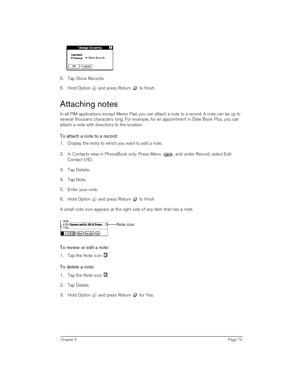 Attaching notes, To attach a note to a record, To review or edit a note | To delete a note | Handspring Treo 180 User Manual | Page 73 / 235