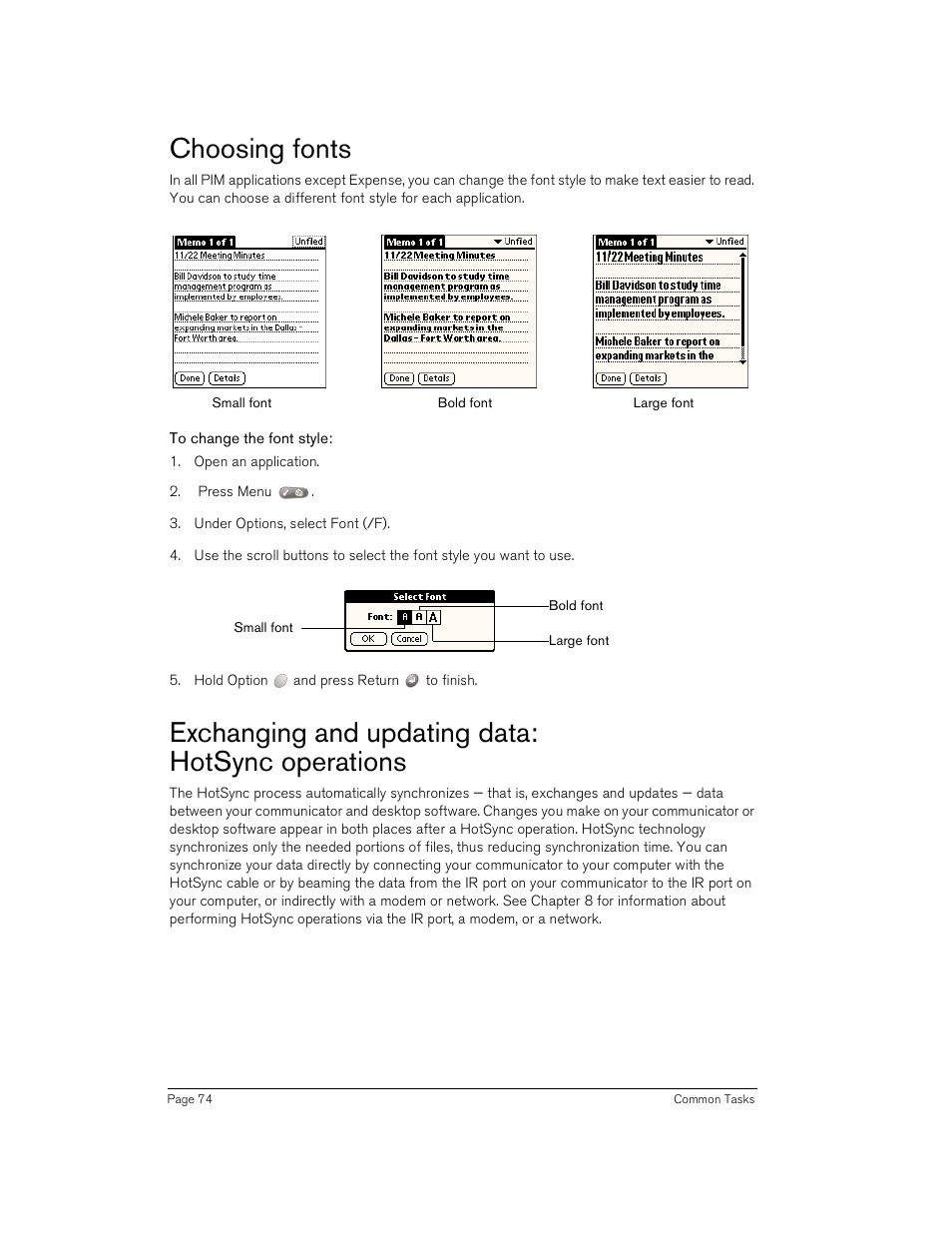 Choosing fonts, To change the font style, Exchanging and updating data: hotsync operations | Handspring Treo 180 User Manual | Page 74 / 235