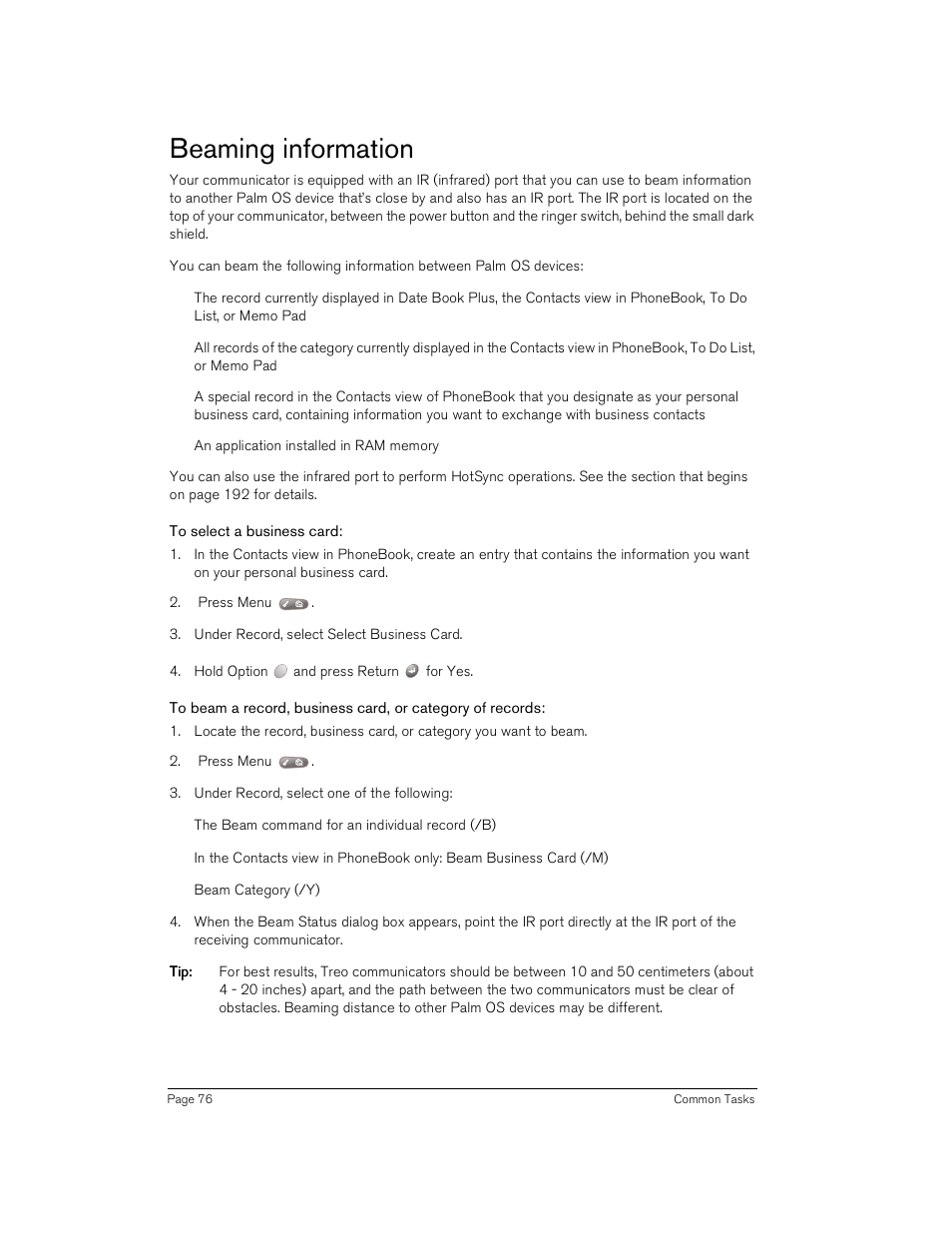 Beaming information, To select a business card | Handspring Treo 180 User Manual | Page 76 / 235