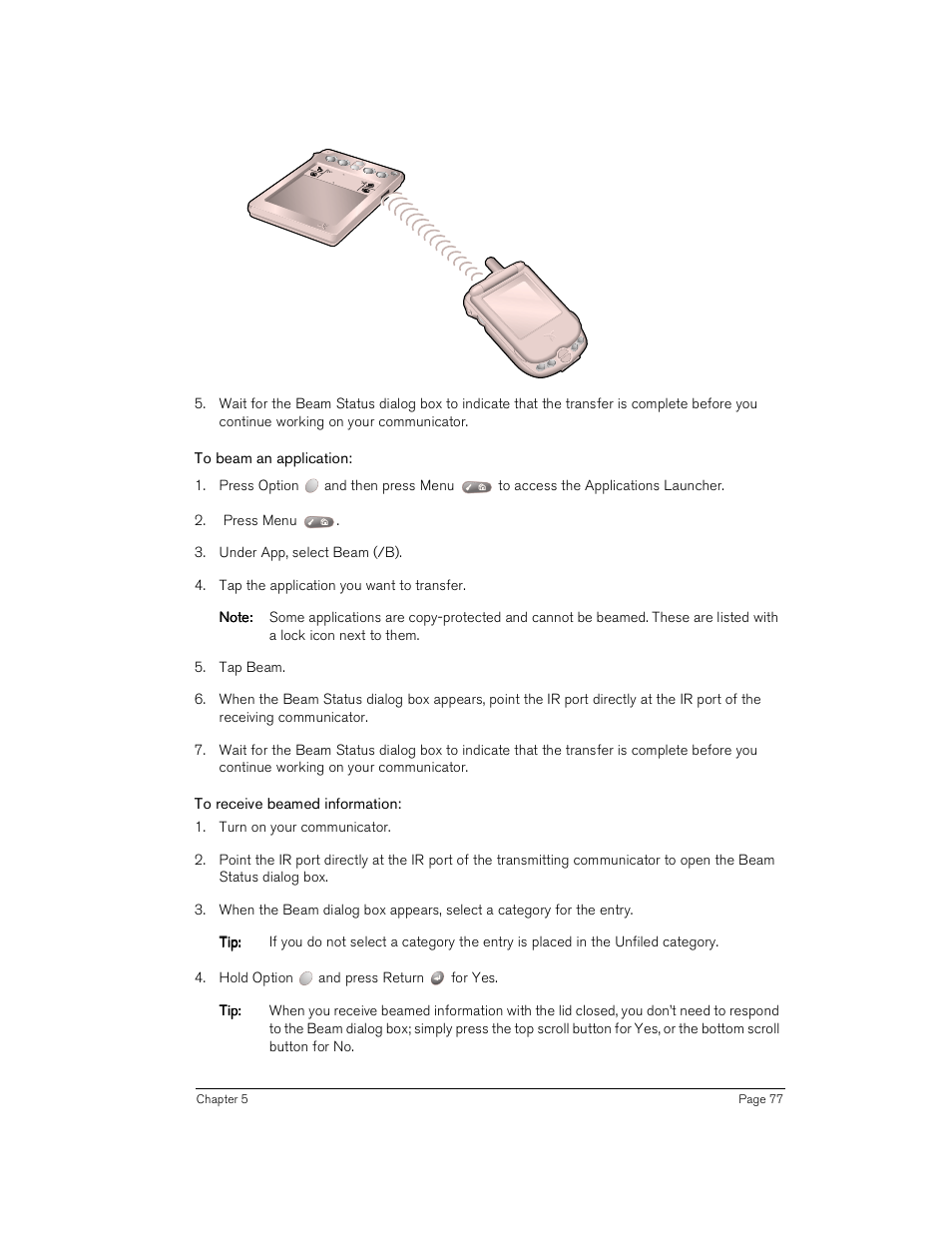 To beam an application, To receive beamed information | Handspring Treo 180 User Manual | Page 77 / 235