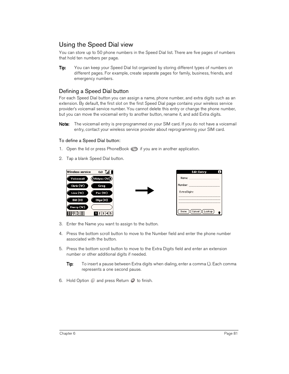 Using the speed dial view, Defining a speed dial button, To define a speed dial button | Handspring Treo 180 User Manual | Page 81 / 235