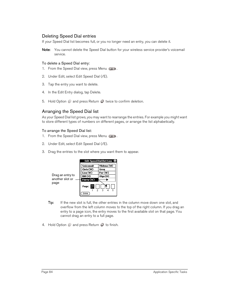 Deleting speed dial entries, To delete a speed dial entry, Arranging the speed dial list | To arrange the speed dial list | Handspring Treo 180 User Manual | Page 84 / 235