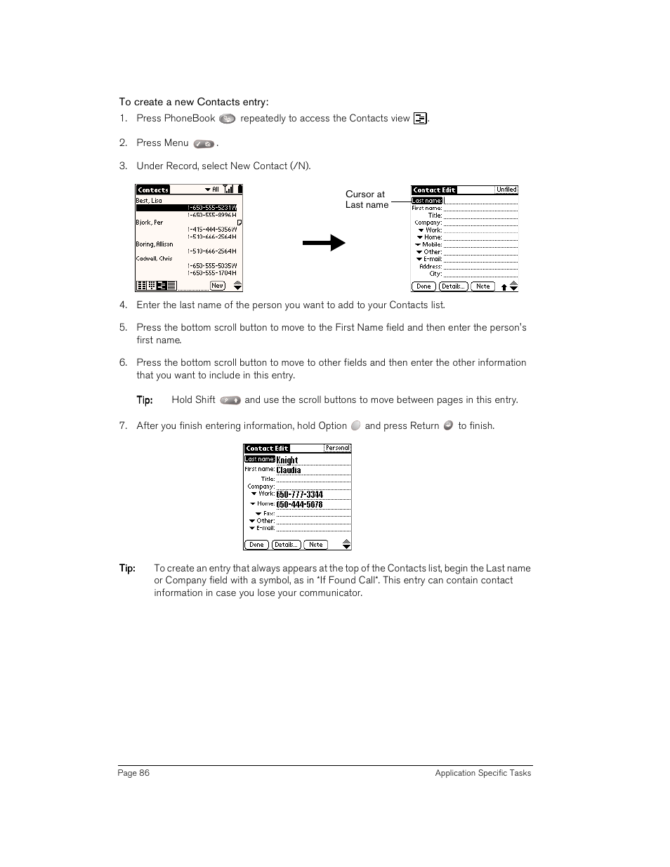 To create a new contacts entry | Handspring Treo 180 User Manual | Page 86 / 235