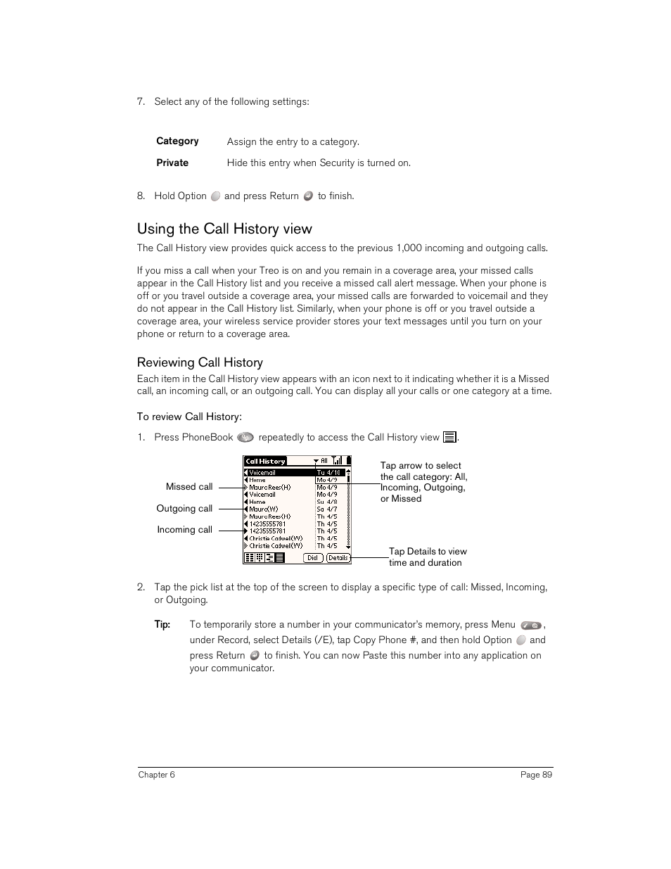 Using the call history view, Reviewing call history, To review call history | Handspring Treo 180 User Manual | Page 89 / 235