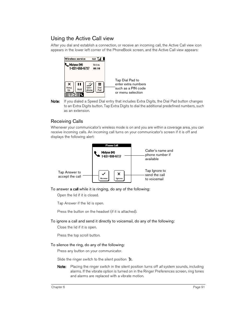 Using the active call view, Receiving calls, To silence the ring, do any of the following | Handspring Treo 180 User Manual | Page 91 / 235