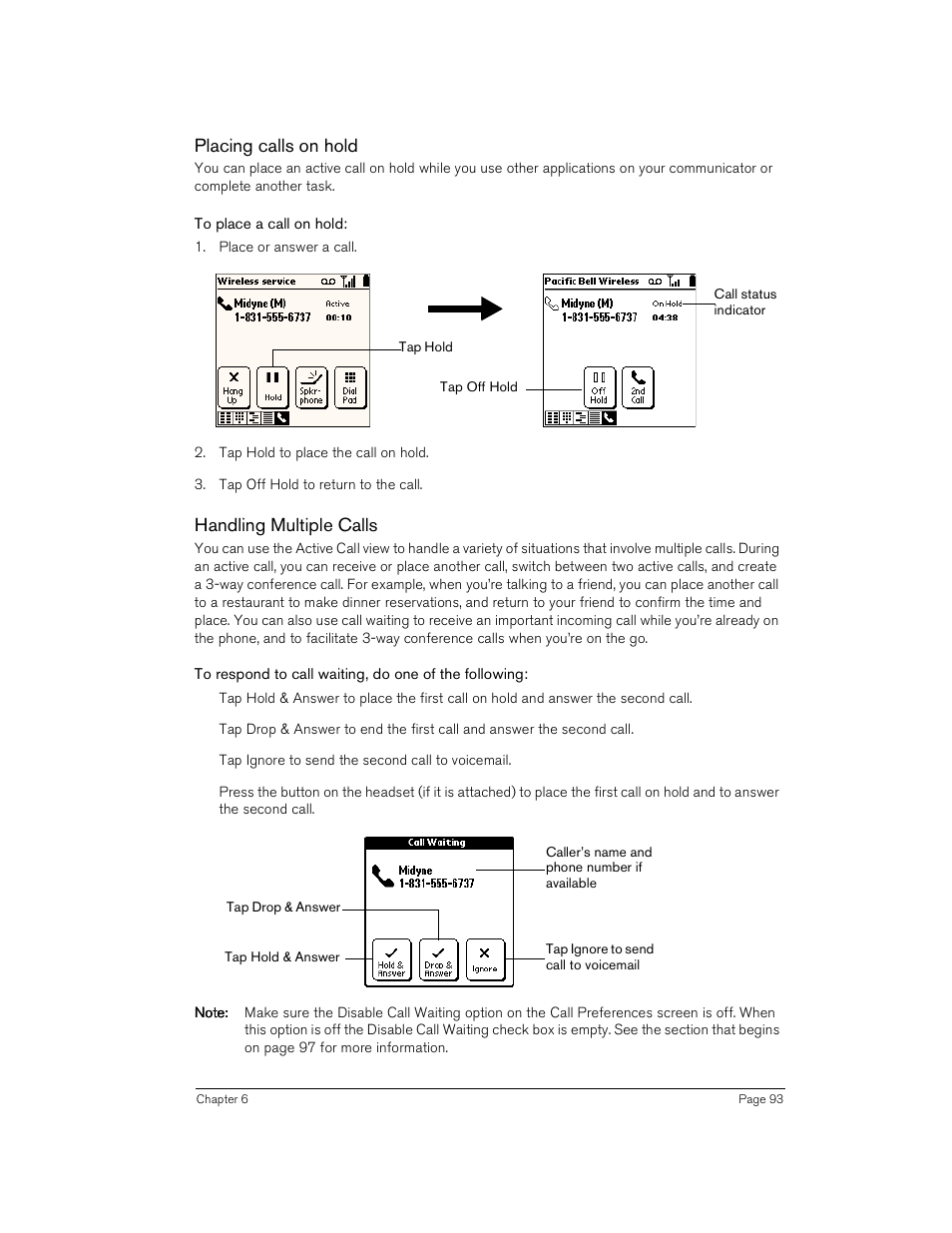 Placing calls on hold, To place a call on hold, Handling multiple calls | Handspring Treo 180 User Manual | Page 93 / 235
