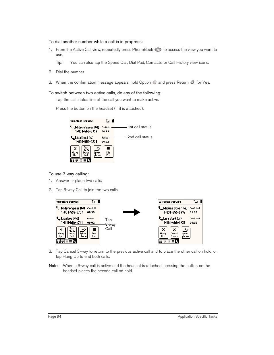 To dial another number while a call is in progress, To use 3-way calling | Handspring Treo 180 User Manual | Page 94 / 235