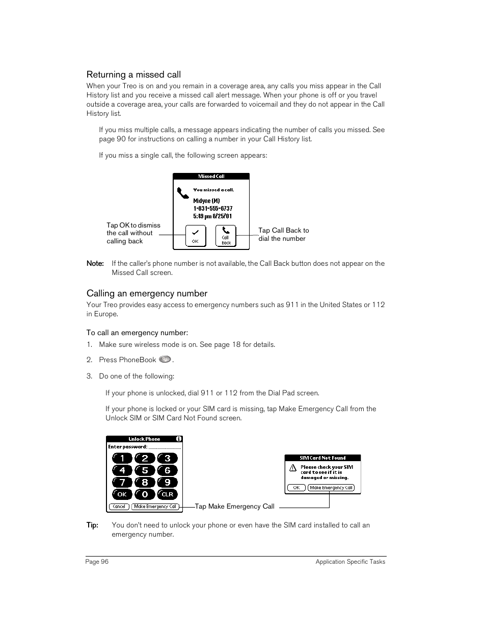 Returning a missed call, Calling an emergency number, To call an emergency number | Handspring Treo 180 User Manual | Page 96 / 235