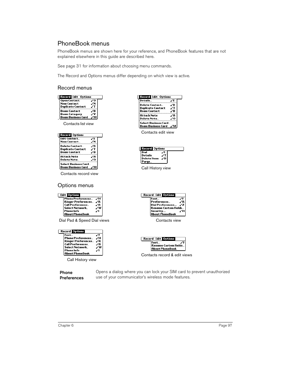 Phonebook menus, Record menus, Options menus | Handspring Treo 180 User Manual | Page 97 / 235