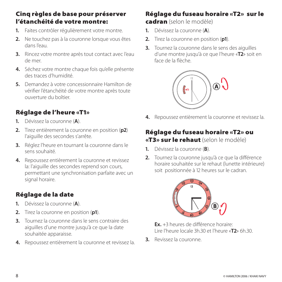 Réglagedel’heure«t1, Réglagedeladate | Hamilton Watch Khaki GMT 3 TZ User Manual | Page 12 / 74