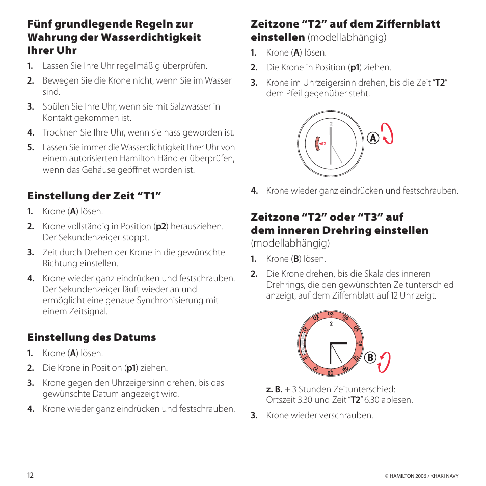 Einstellungderzeit“t1, Einstellungdesdatums | Hamilton Watch Khaki GMT 3 TZ User Manual | Page 16 / 74