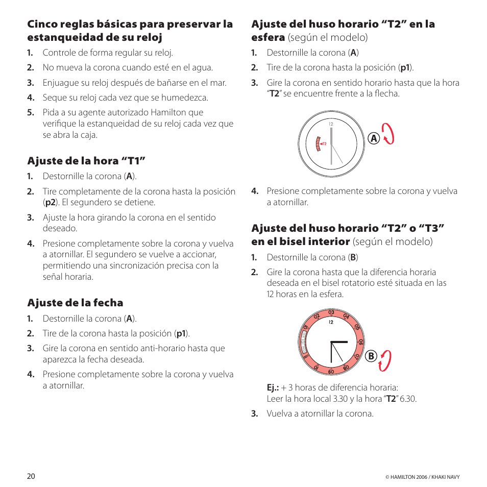 Ajustedelahora“t1, Ajustedelafecha | Hamilton Watch Khaki GMT 3 TZ User Manual | Page 24 / 74