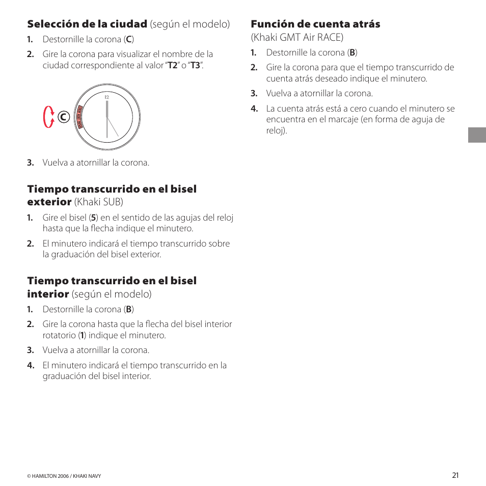 Seleccióndelaciudad (según el modelo), Funcióndecuentaatrás (khaki gmt air race) | Hamilton Watch Khaki GMT 3 TZ User Manual | Page 25 / 74