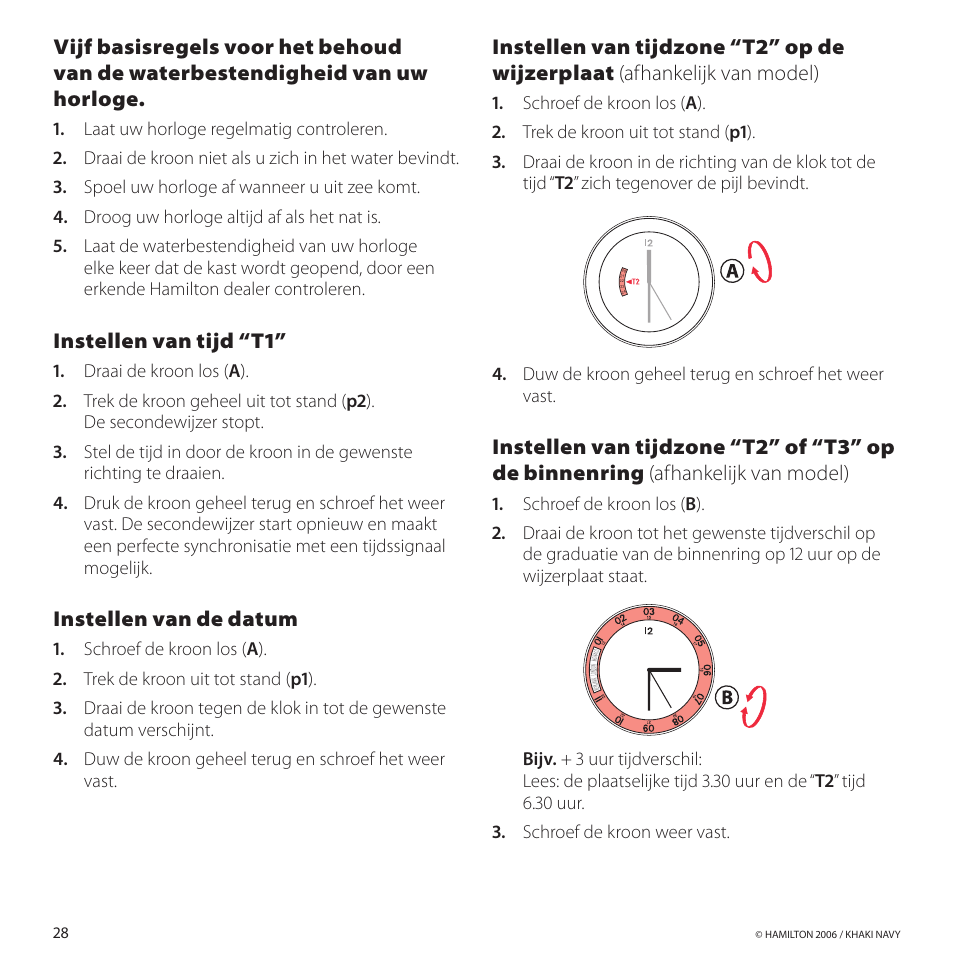 Instellenvantijd“t1, Instellenvandedatum | Hamilton Watch Khaki GMT 3 TZ User Manual | Page 32 / 74