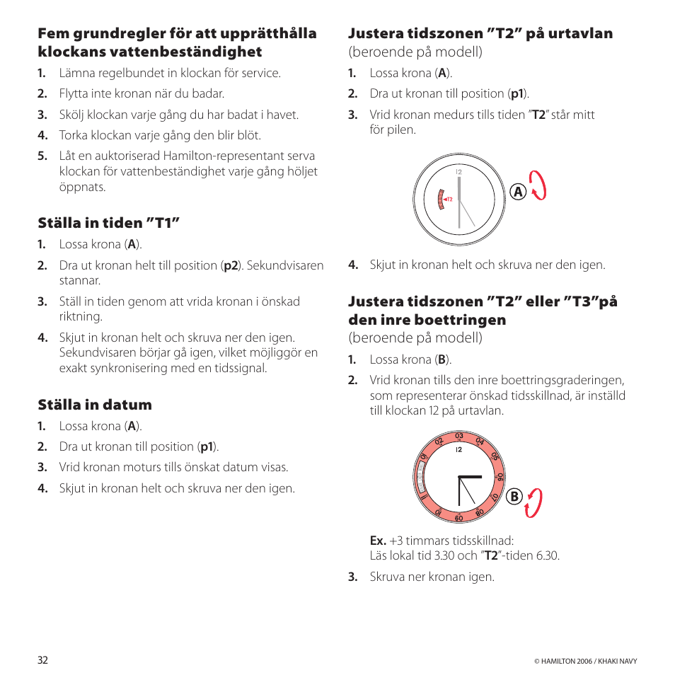 Ställaintiden”t1, Ställaindatum, Skjut in kronan helt och skruva ner den igen | Hamilton Watch Khaki GMT 3 TZ User Manual | Page 36 / 74
