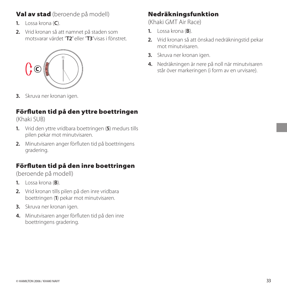 Valavstad (beroende på modell), Nedräkningsfunktion (khaki gmt air race) | Hamilton Watch Khaki GMT 3 TZ User Manual | Page 37 / 74