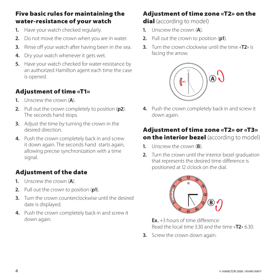 Adjustmentoftime«t1, Adjustmentofthedate | Hamilton Watch Khaki GMT 3 TZ User Manual | Page 8 / 74