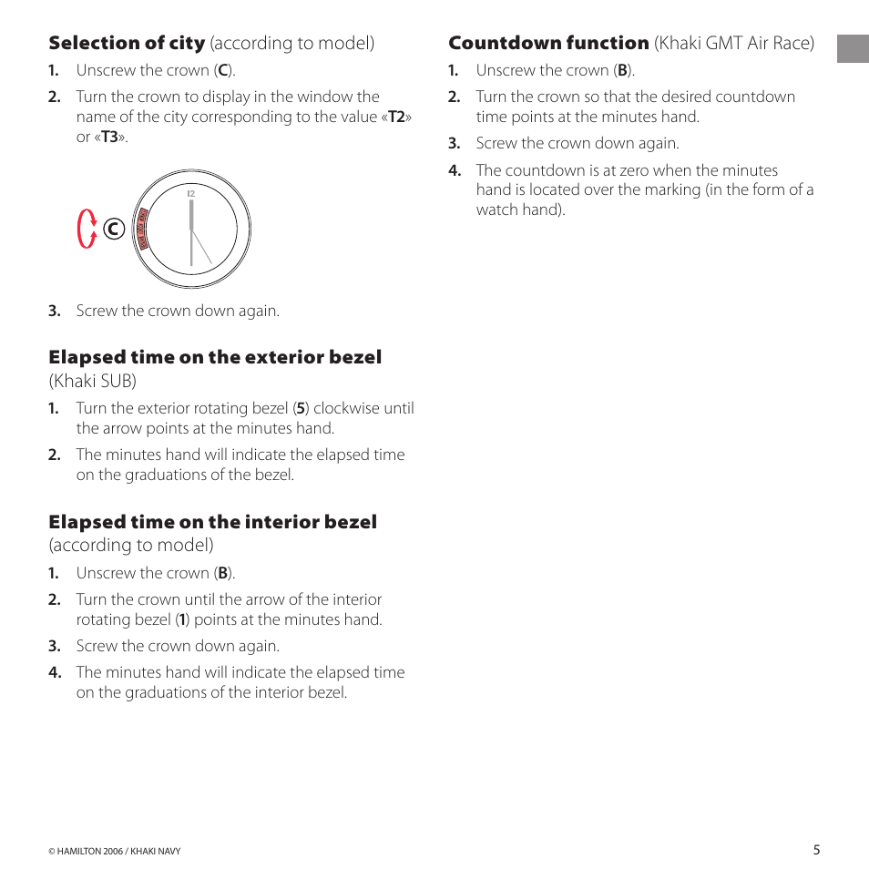 Selectionofcity (according to model), Elapsedtimeontheexteriorbezel (khaki sub), Countdownfunction (khaki gmt air race) | Hamilton Watch Khaki GMT 3 TZ User Manual | Page 9 / 74