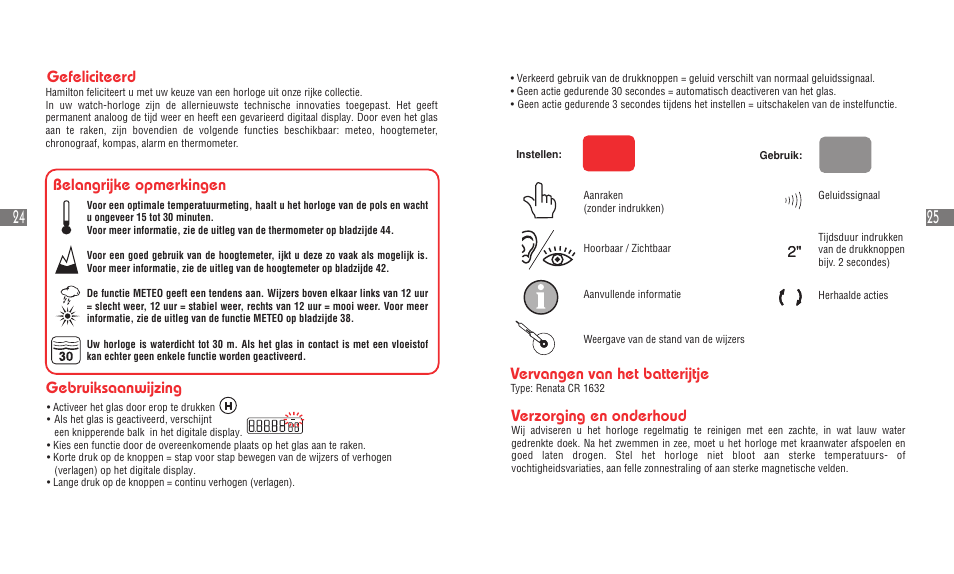 Vervangen van het batterijtje, Verzorging en onderhoud, Belangrijke opmerkingen | Gebruiksaanwijzing gefeliciteerd | Hamilton Watch Khaki Field Multi-Touch User Manual | Page 15 / 58
