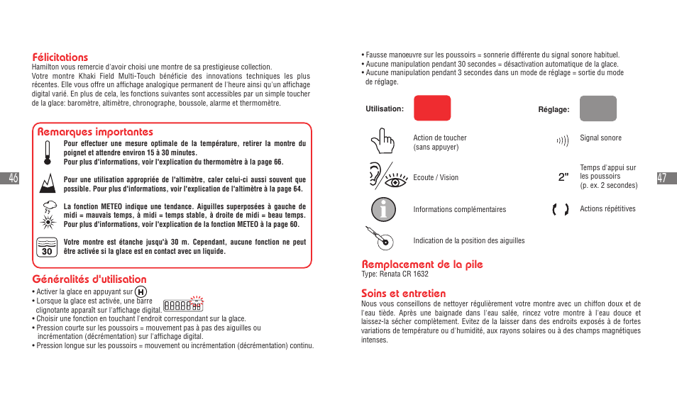 Remplacement de la pile soins et entretien, Remarques importantes, Généralités d'utilisation félicitations | Hamilton Watch Khaki Field Multi-Touch User Manual | Page 26 / 58