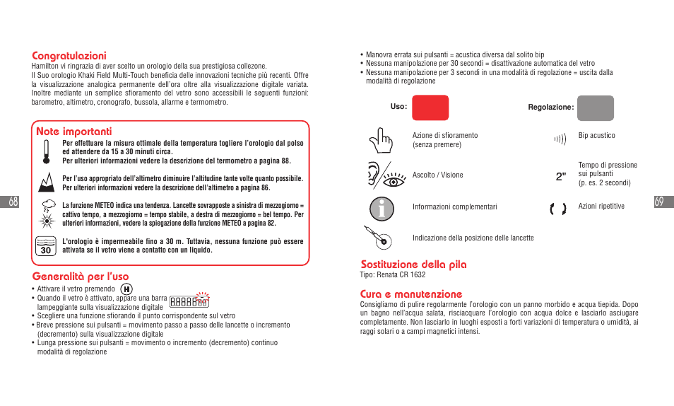 Sostituzione della pila, Cura e manutenzione, Generalità per l’uso congratulazioni | Hamilton Watch Khaki Field Multi-Touch User Manual | Page 37 / 58