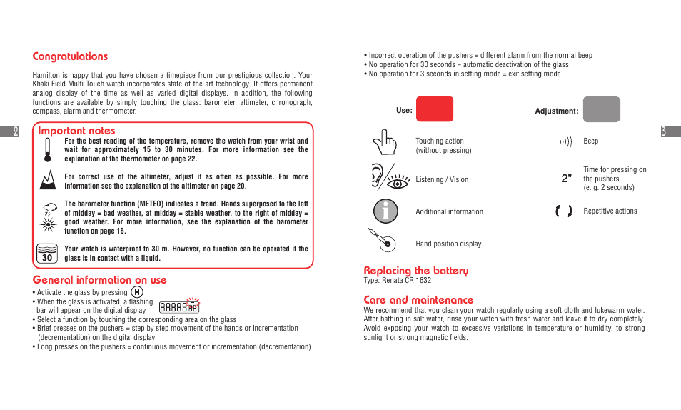 Replacing the battery, Care and maintenance, General information on use | Hamilton Watch Khaki Field Multi-Touch User Manual | Page 4 / 58