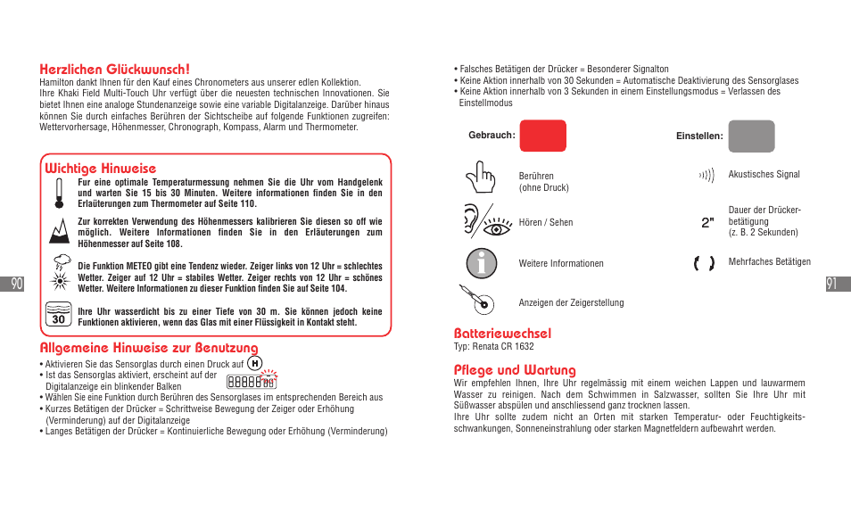 Batteriewechsel, Pflege und wartung, Wichtige hinweise | Allgemeine hinweise zur benutzung, Herzlichen glückwunsch | Hamilton Watch Khaki Field Multi-Touch User Manual | Page 48 / 58
