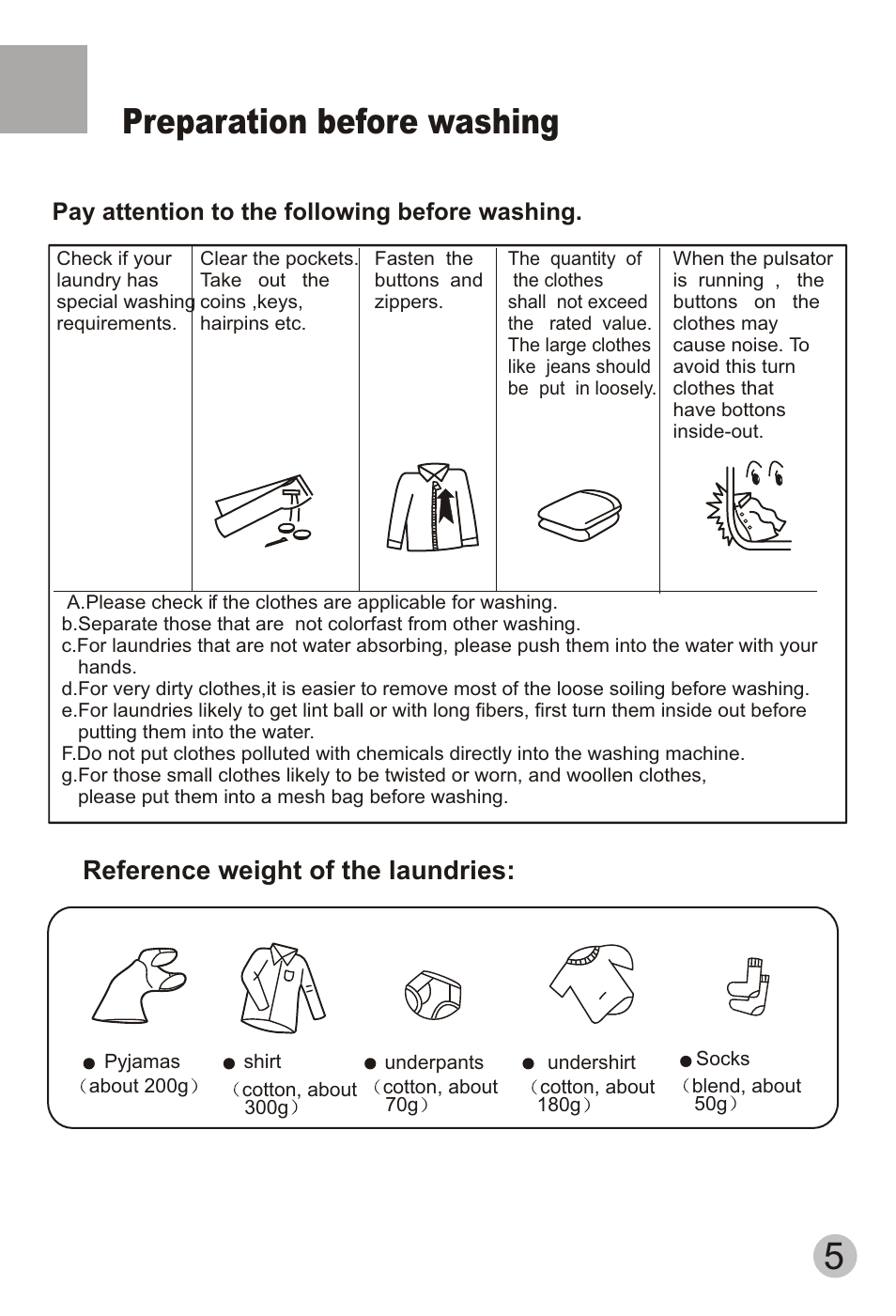 Preparation before washing, Reference weight of the laundries | Hydro Systems A P18 User Manual | Page 7 / 12