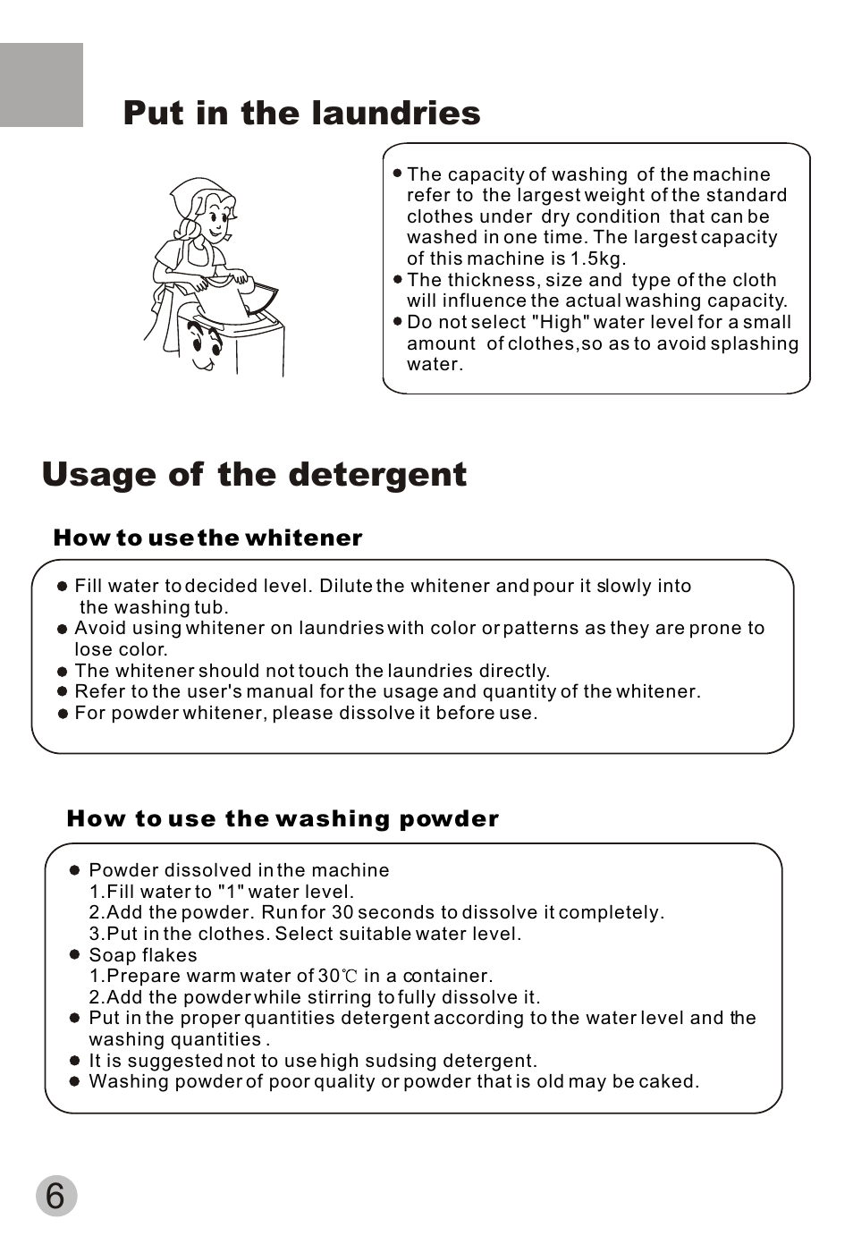 Put in the laundries, Usage of the detergent | Hydro Systems A P18 User Manual | Page 8 / 12