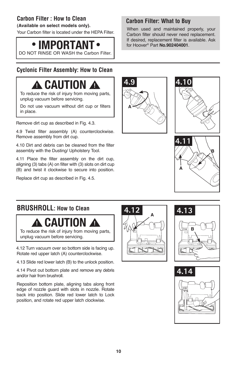 Important, Caution, Brushroll | Hoover Windtunnel UH70120 User Manual | Page 10 / 45