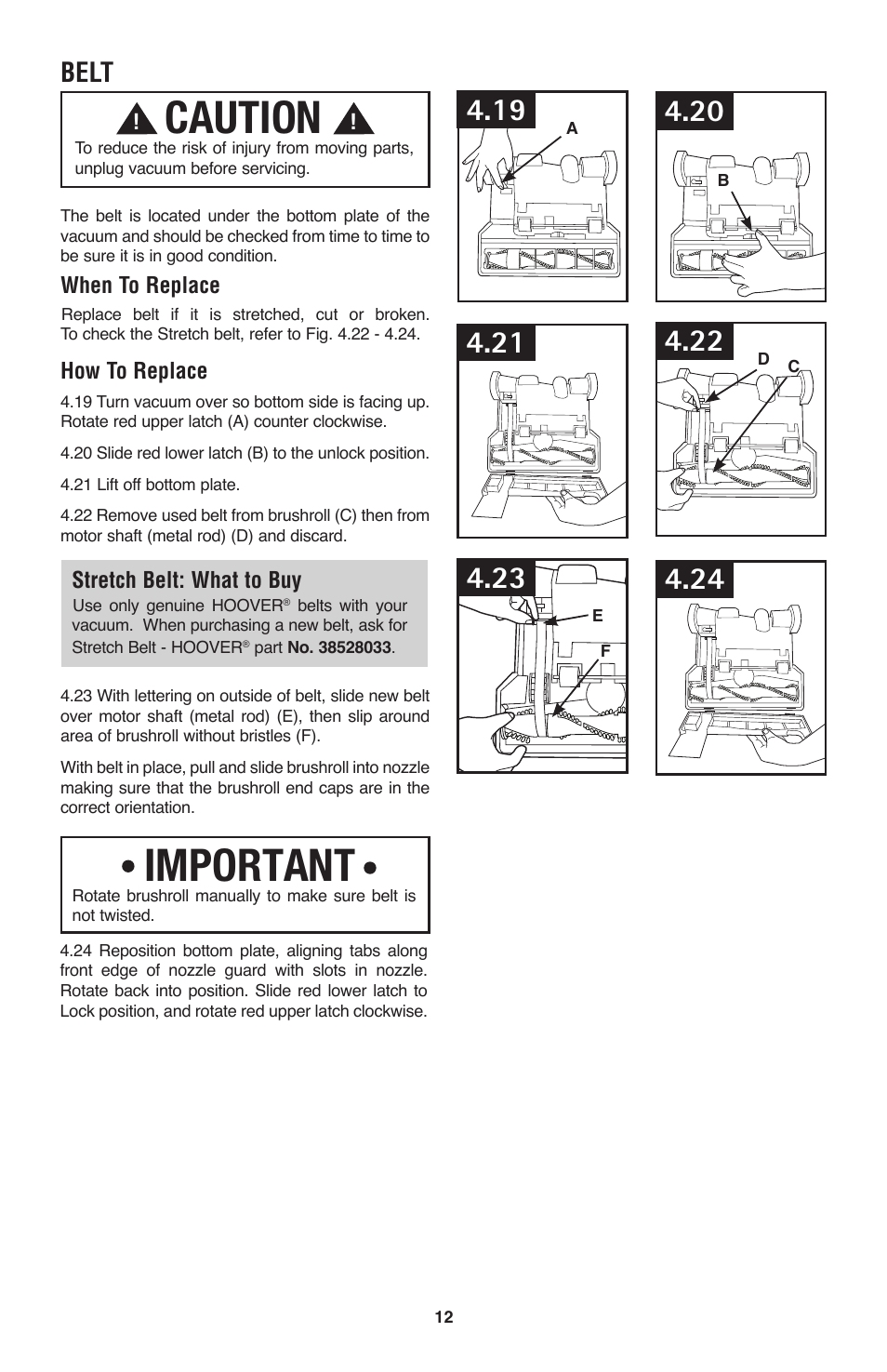 Caution, Important, Belt | Hoover Windtunnel UH70120 User Manual | Page 12 / 45