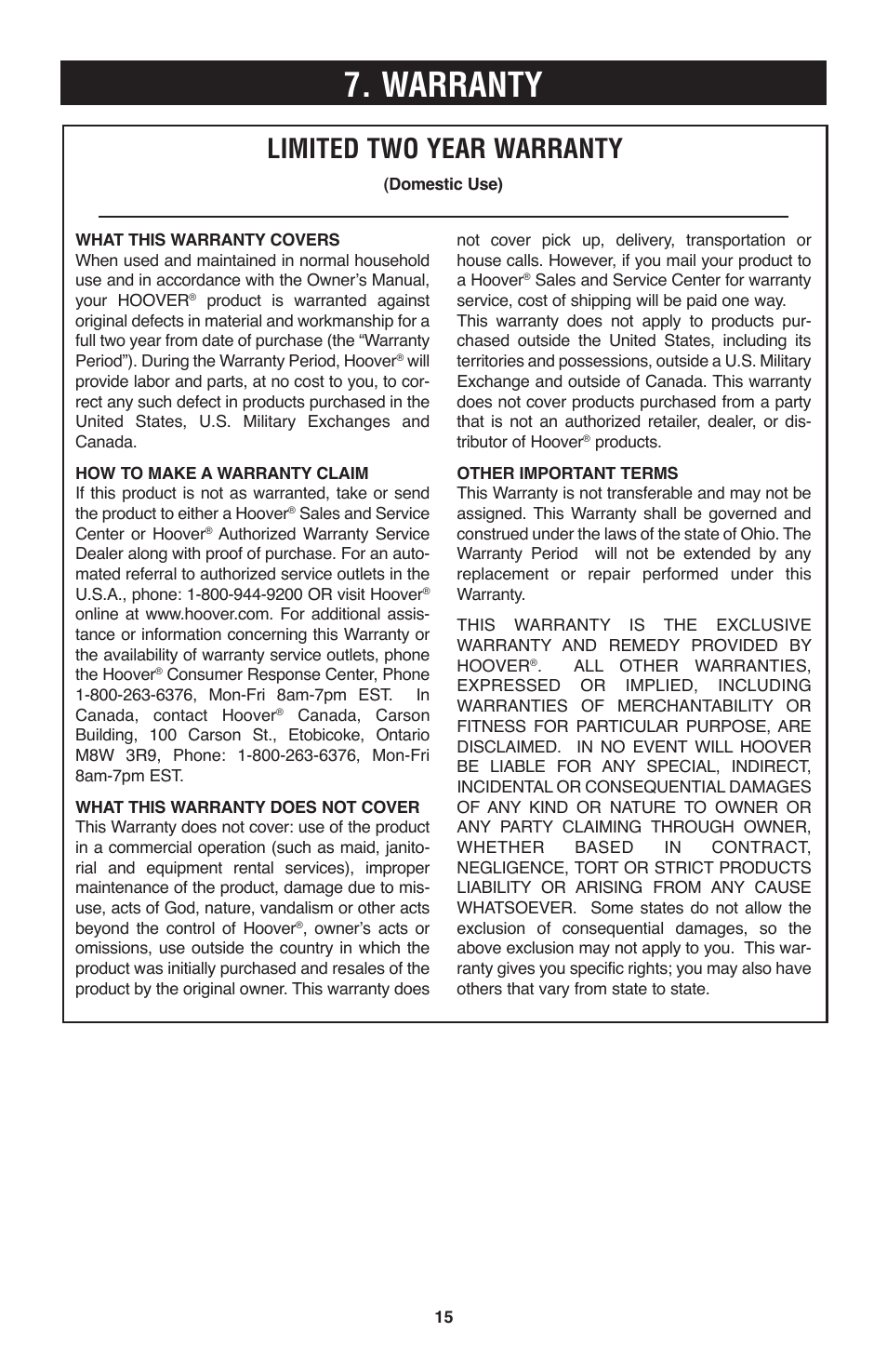 Warranty, Limited two year warranty | Hoover Windtunnel UH70120 User Manual | Page 15 / 45