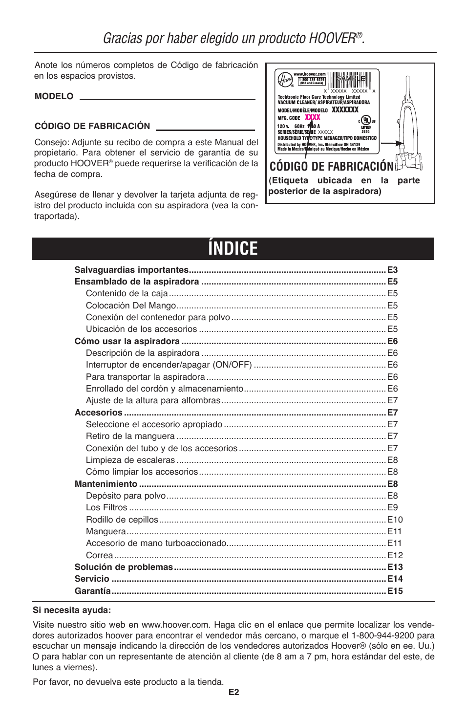 Índice, Gracias por haber elegido un producto hoover, Código de fabricación | Hoover Windtunnel UH70120 User Manual | Page 17 / 45