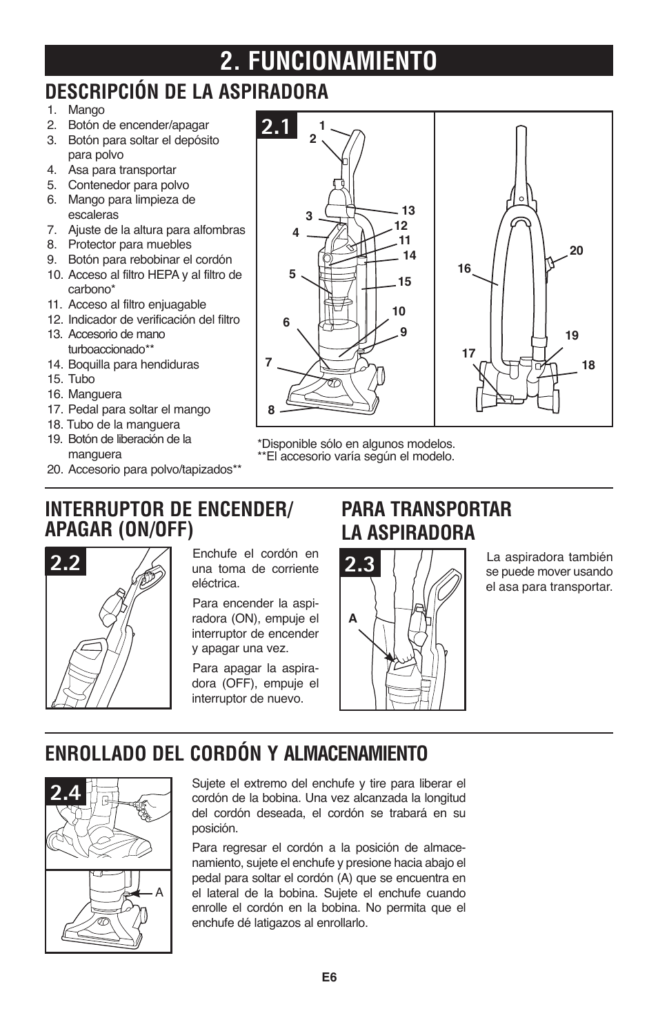 Funcionamiento, Para transportar la aspiradora, Descripción de la aspiradora | Hoover Windtunnel UH70120 User Manual | Page 21 / 45