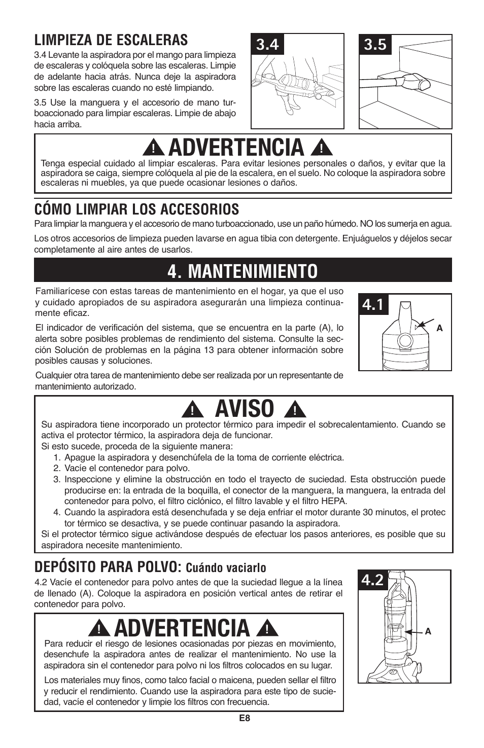 Aviso, Advertencia, Mantenimiento | Cómo limpiar los accesorios limpieza de escaleras, Depósito para polvo | Hoover Windtunnel UH70120 User Manual | Page 23 / 45