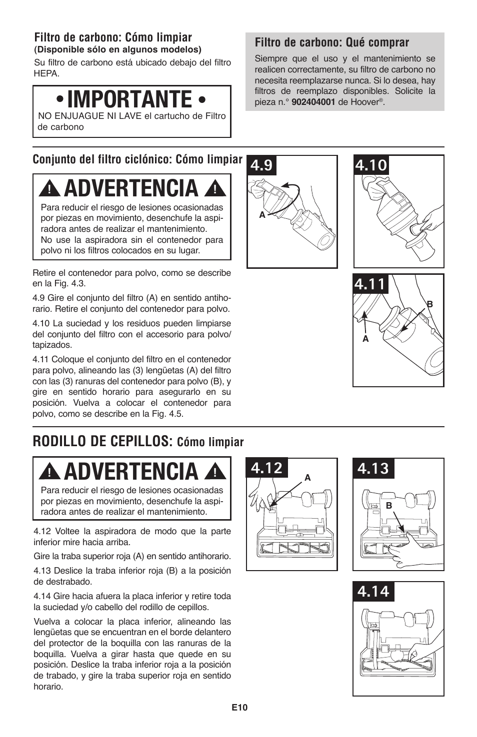 Importante advertencia, Advertencia, Rodillo de cepillos | Hoover Windtunnel UH70120 User Manual | Page 25 / 45