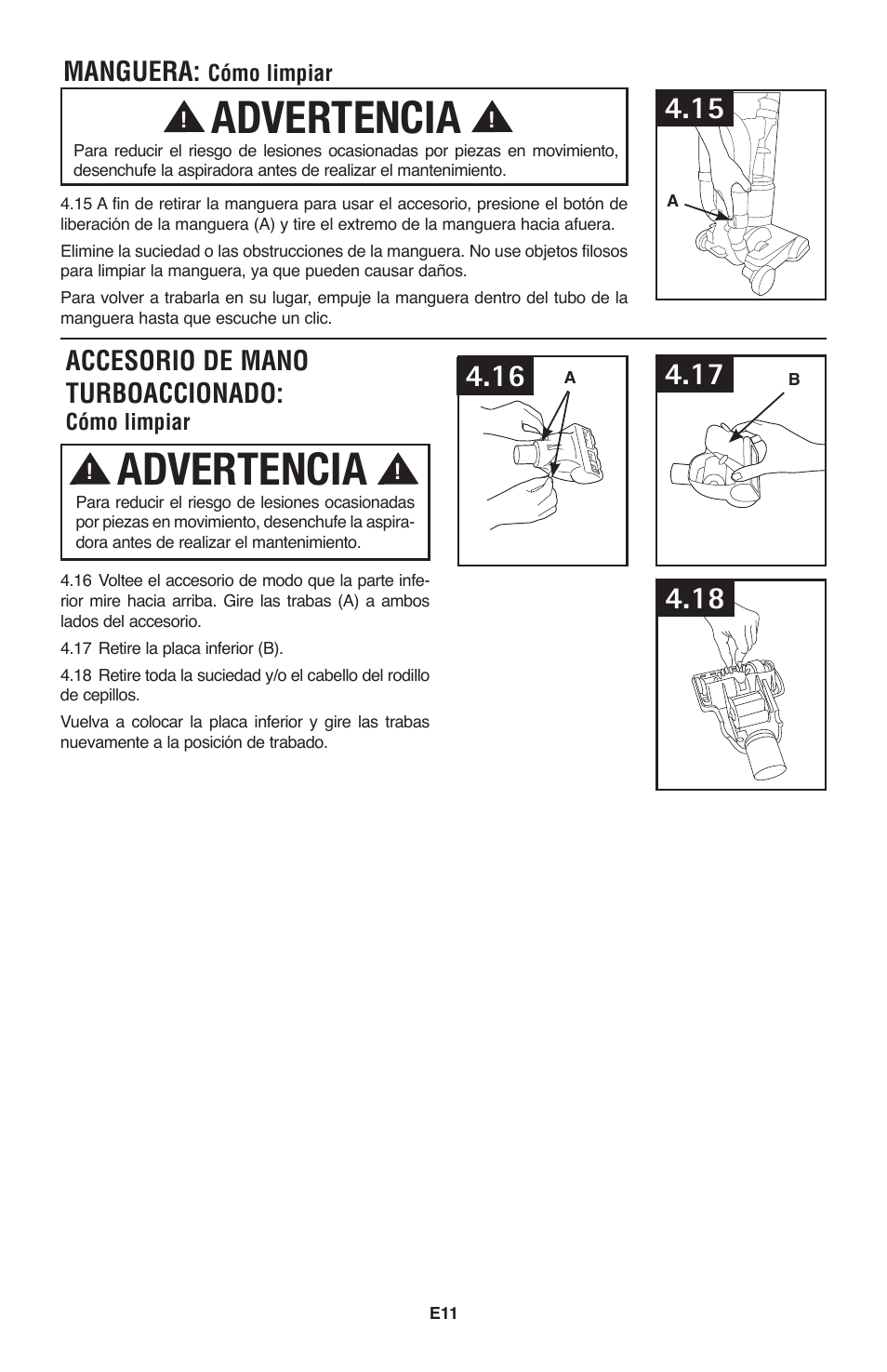 Advertencia, Accesorio de mano turboaccionado, Manguera | Hoover Windtunnel UH70120 User Manual | Page 26 / 45