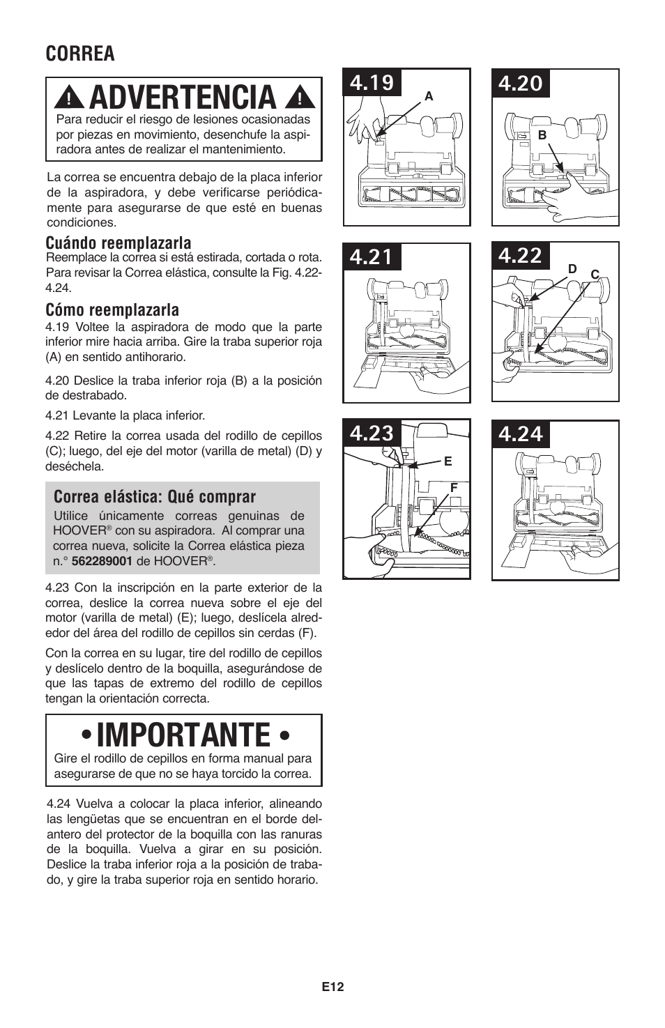 Advertencia, Importante, Correa | Hoover Windtunnel UH70120 User Manual | Page 27 / 45