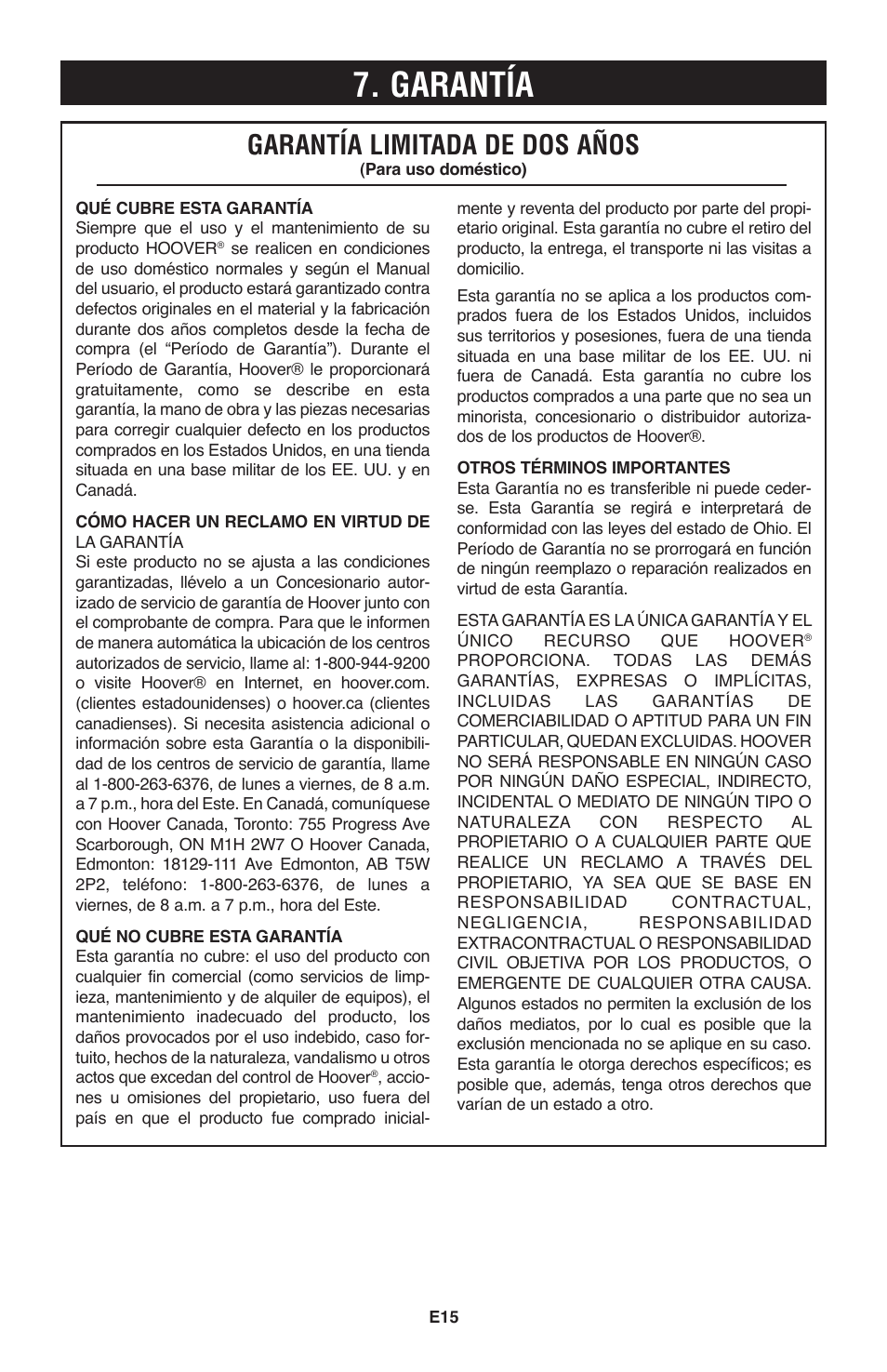 Garantía, Garantía limitada de dos años | Hoover Windtunnel UH70120 User Manual | Page 30 / 45