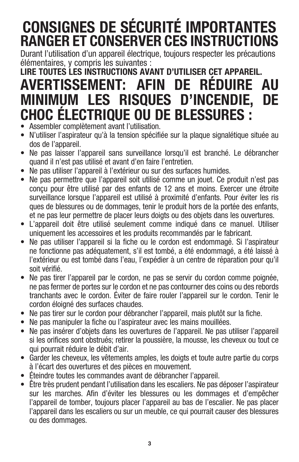 Consignes de sécurité importantes, Ranger et conserver ces instructions, Avertissement | Hoover Windtunnel UH70120 User Manual | Page 33 / 45