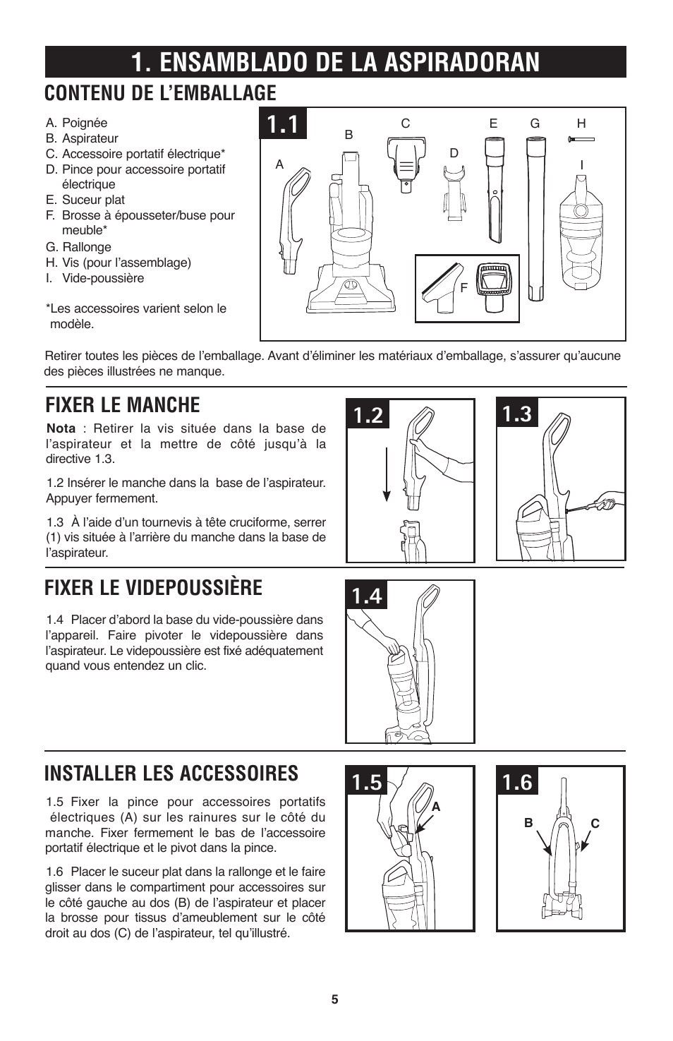 Ensamblado de la aspiradoran, Contenu de l’emballage, Fixer le manche installer les accessoires | Fixer le videpoussière | Hoover Windtunnel UH70120 User Manual | Page 35 / 45