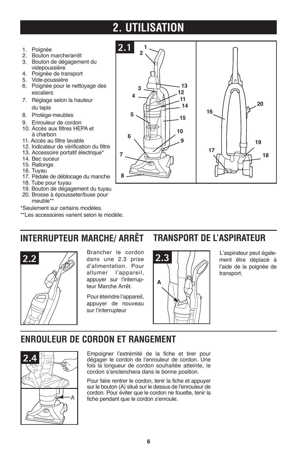 Utilisation, Transport de l’aspirateur, Interrupteur marche/ arrêt | Enrouleur de cordon et rangement | Hoover Windtunnel UH70120 User Manual | Page 36 / 45