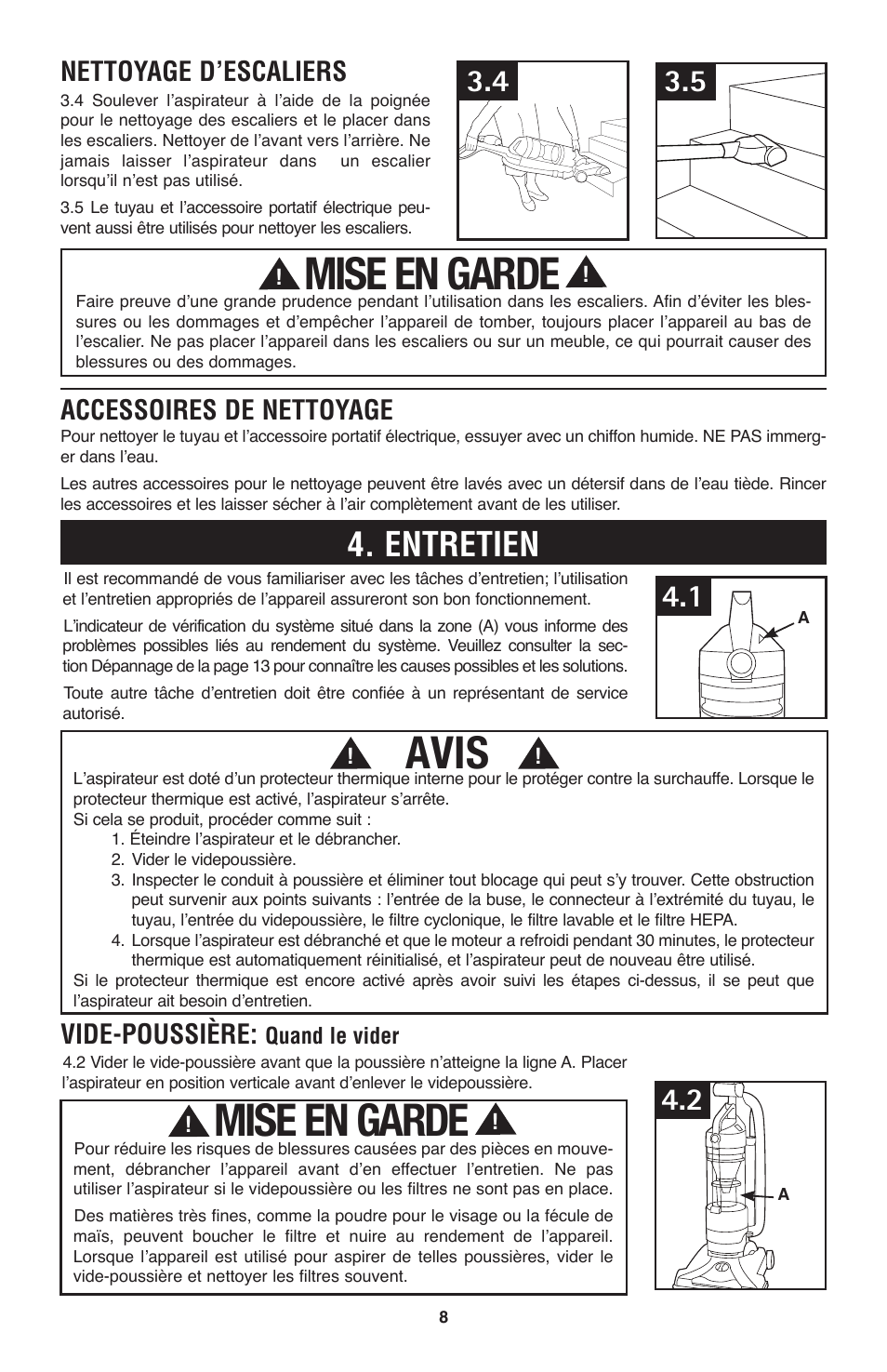 Mise en garde, Avis, Entretien | Nettoyage d’escaliers, Accessoires de nettoyage, Vide-poussière | Hoover Windtunnel UH70120 User Manual | Page 38 / 45