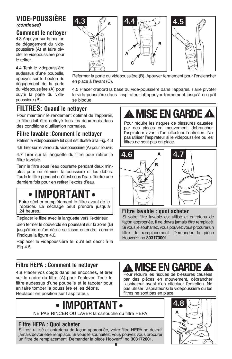 Important, Mise en garde, Vide-poussière | Filtres | Hoover Windtunnel UH70120 User Manual | Page 39 / 45
