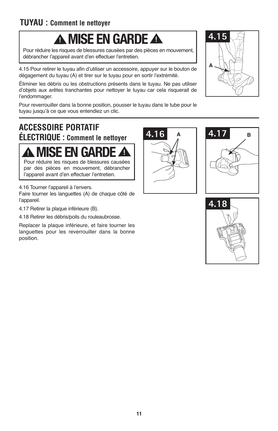Mise en garde, Accessoire portatif électrique, Tuyau | Hoover Windtunnel UH70120 User Manual | Page 41 / 45