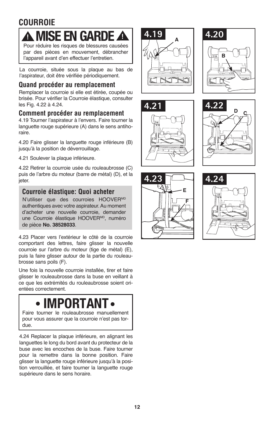 Mise en garde, Important, Courroie | Hoover Windtunnel UH70120 User Manual | Page 42 / 45